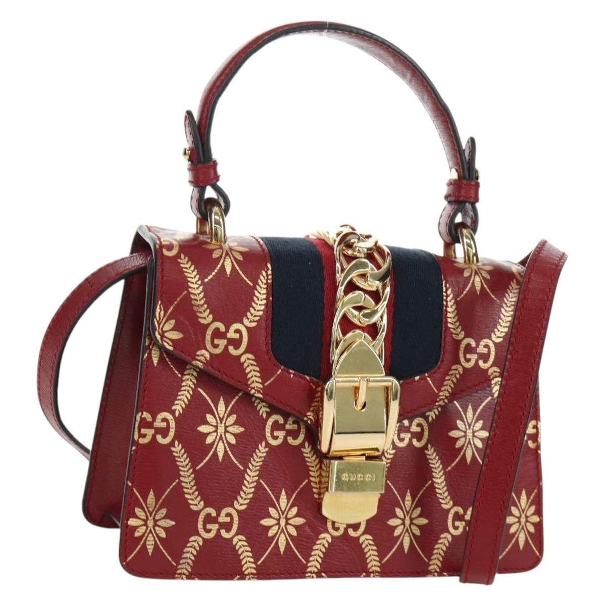 GUCCI Silvi Sherry Line Hand Bag Leather 2way Red Gold 470270 Auth LNZ690V