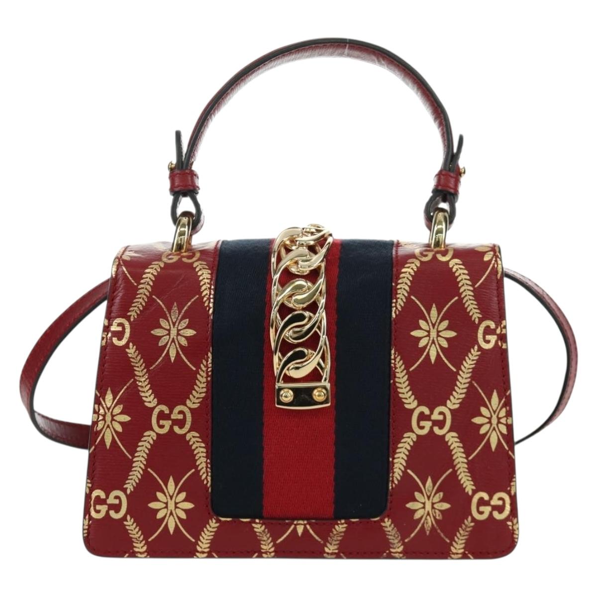 GUCCI Silvi Sherry Line Hand Bag Leather 2way Red Gold 470270 Auth LNZ690V