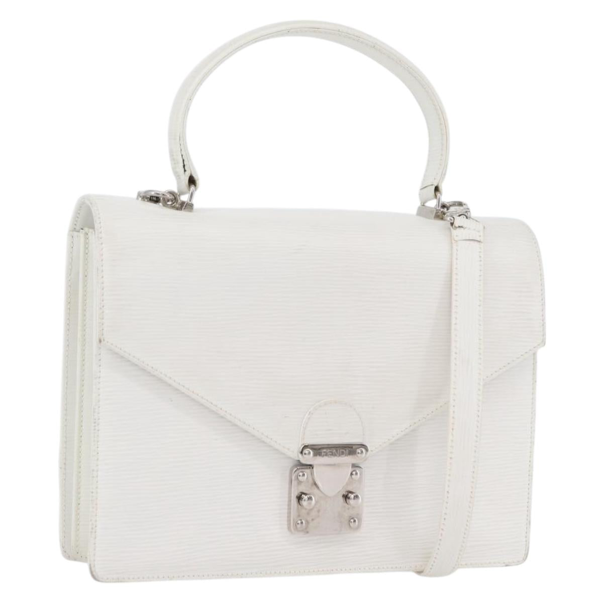 FENDI Hand Bag Leather 2way White Silver Auth LNZ694