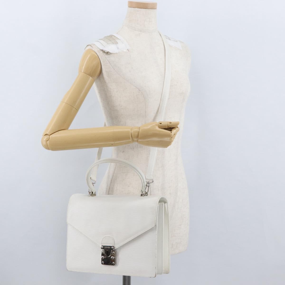 FENDI Hand Bag Leather 2way White Silver Auth LNZ694