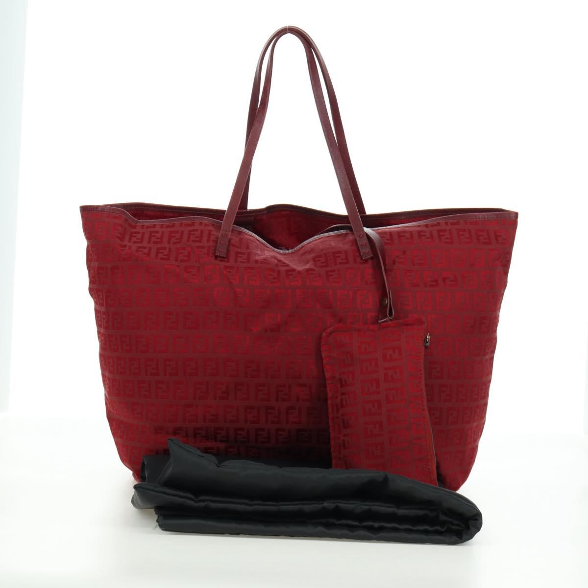 FENDI Zucchino Canvas Tote Bag Red Gold Auth LNZ695V