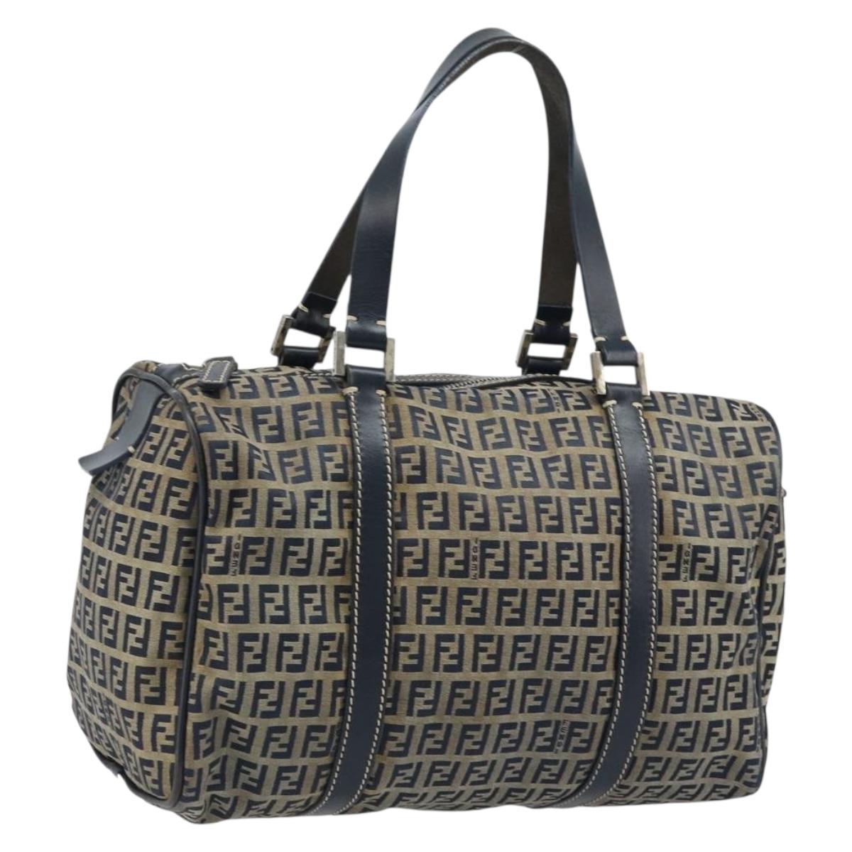 FENDI Zucchino Canvas Tote Bag Navy Silver Auth LNZ696