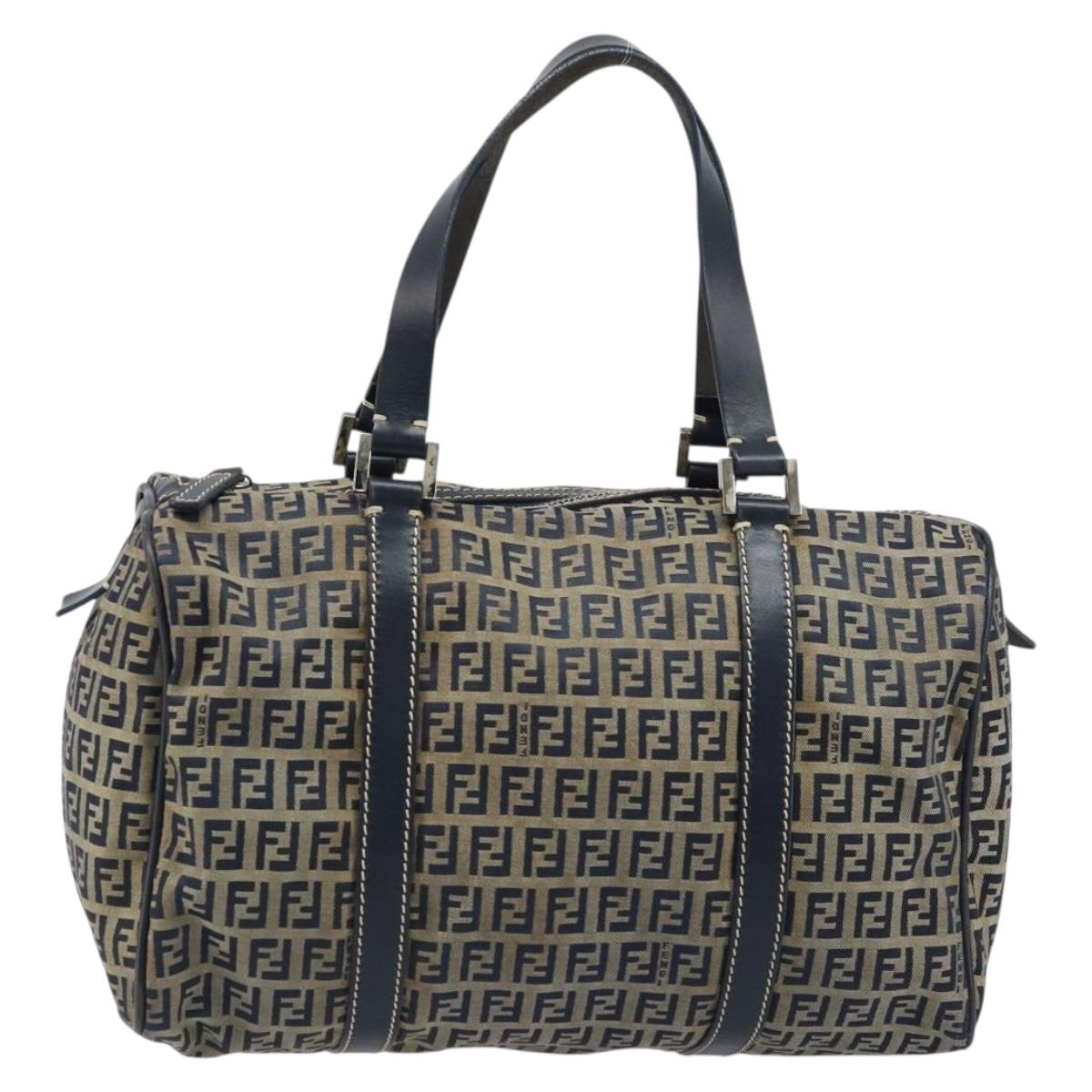 FENDI Zucchino Canvas Tote Bag Navy Silver Auth LNZ696