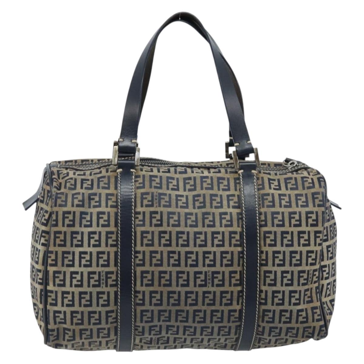 FENDI Zucchino Canvas Tote Bag Navy Silver Auth LNZ696