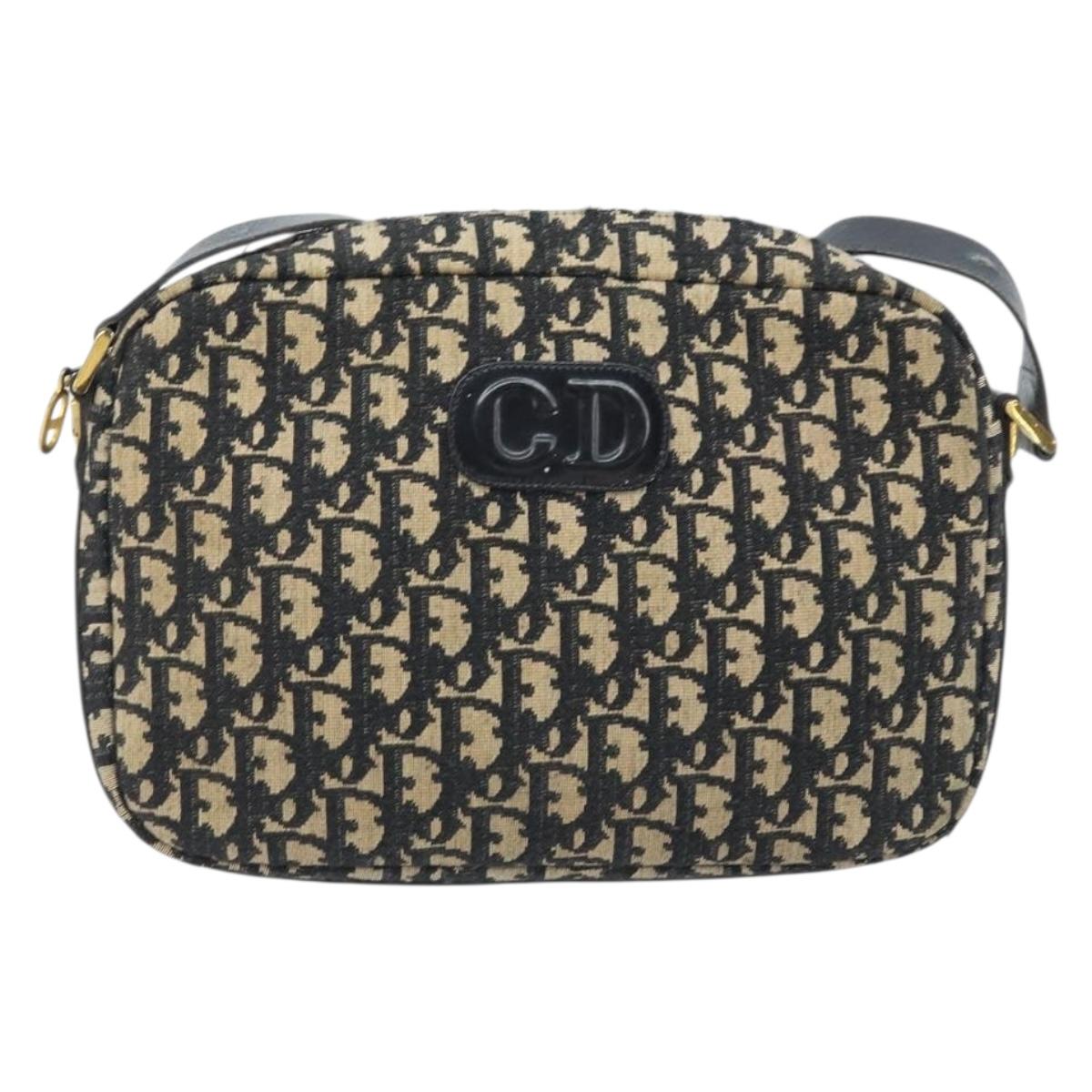Christian Dior Trotter Canvas Shoulder Bag Black Gold Auth LNZ705