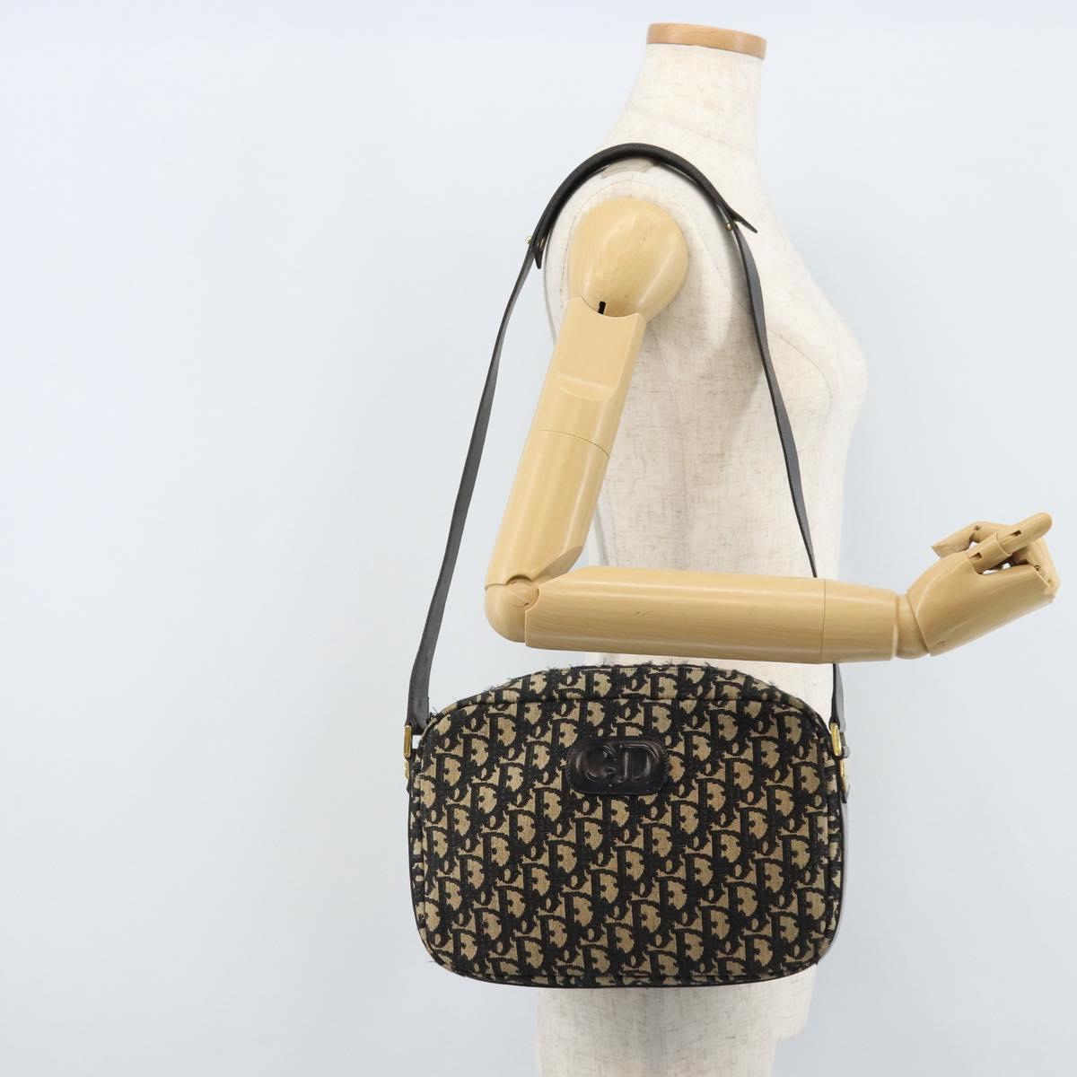 Christian Dior Trotter Canvas Shoulder Bag Black Gold Auth LNZ705