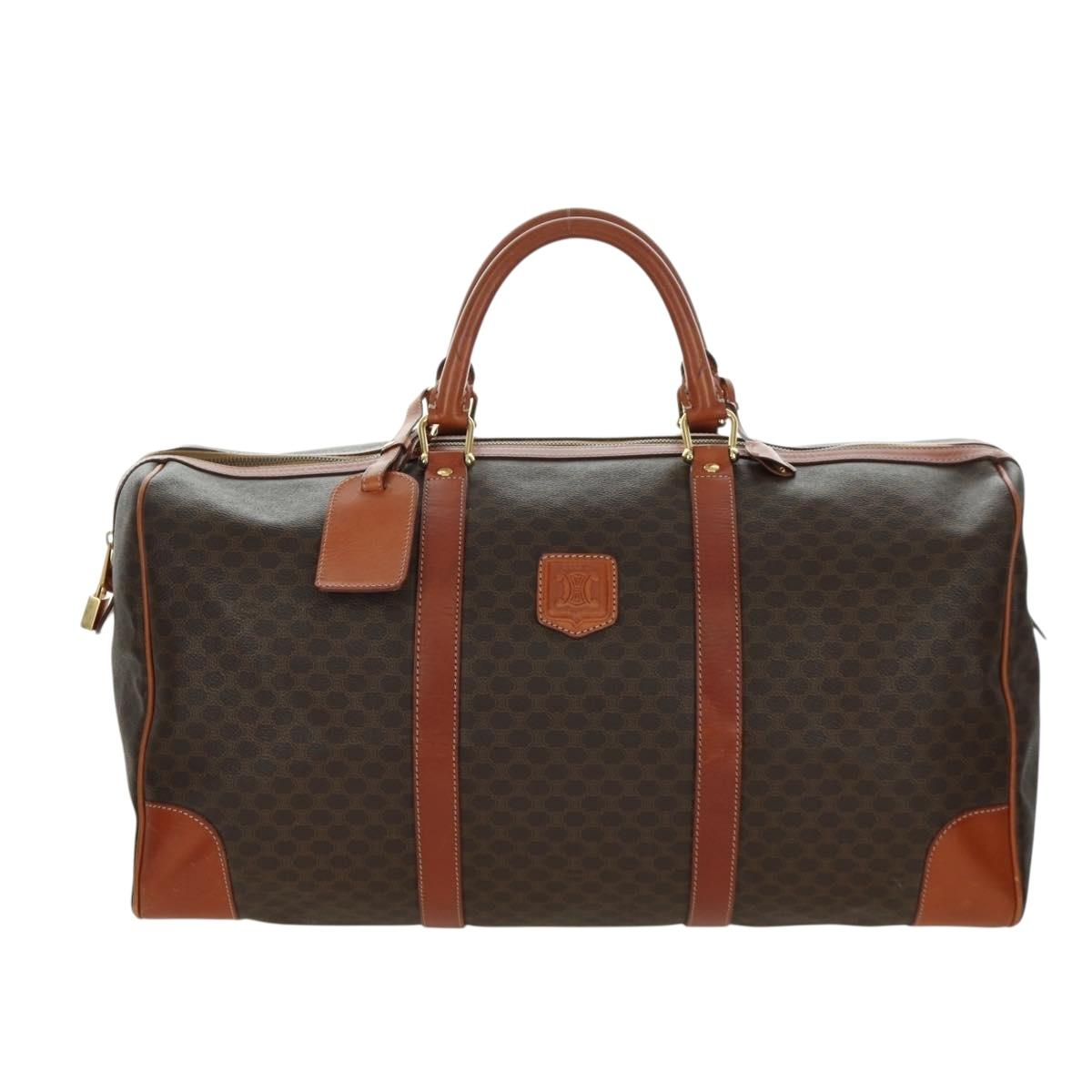 CELINE Macadam Canvas Boston Bag PVC Leather Brown Gold Auth LNZ708A
