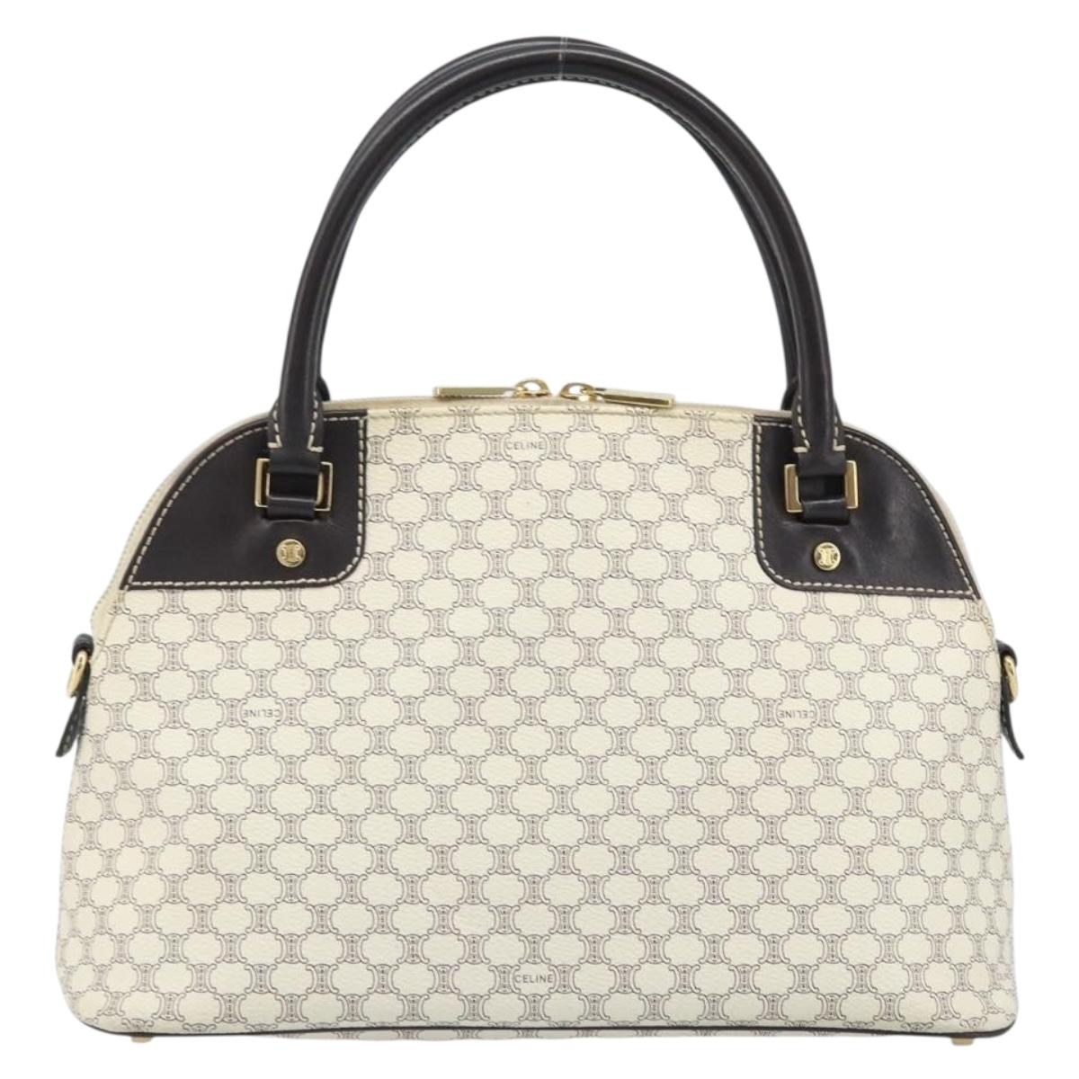 CELINE Macadam Canvas Hand Bag PVC Leather White Gold Auth LNZ710