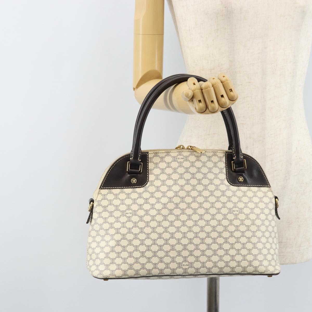 CELINE Macadam Canvas Hand Bag PVC Leather White Gold Auth LNZ710