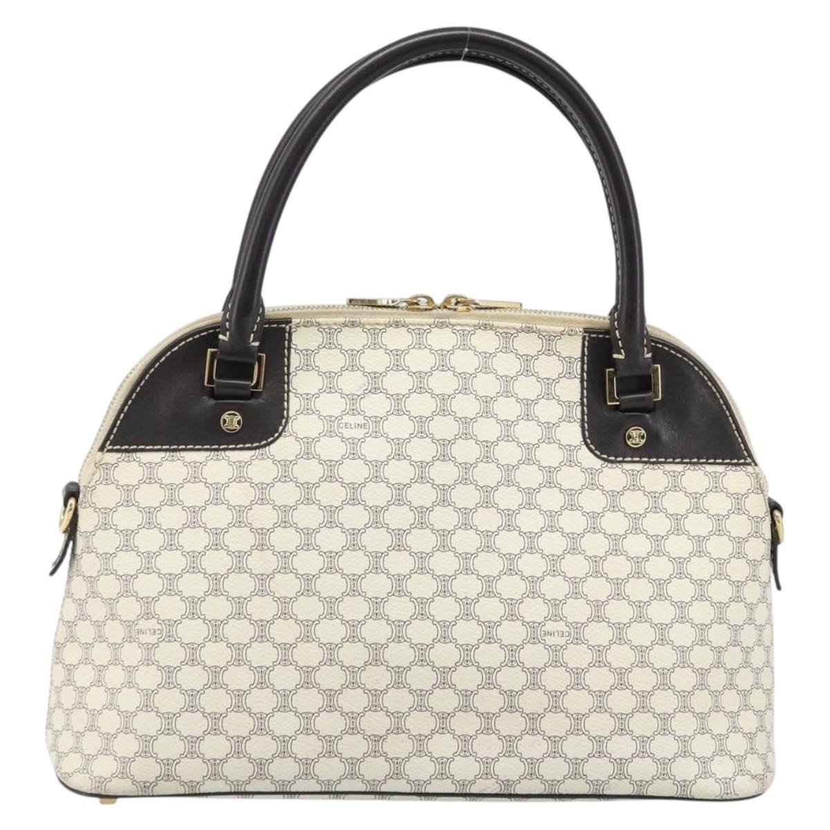 CELINE Macadam Canvas Hand Bag PVC Leather White Gold Auth LNZ710