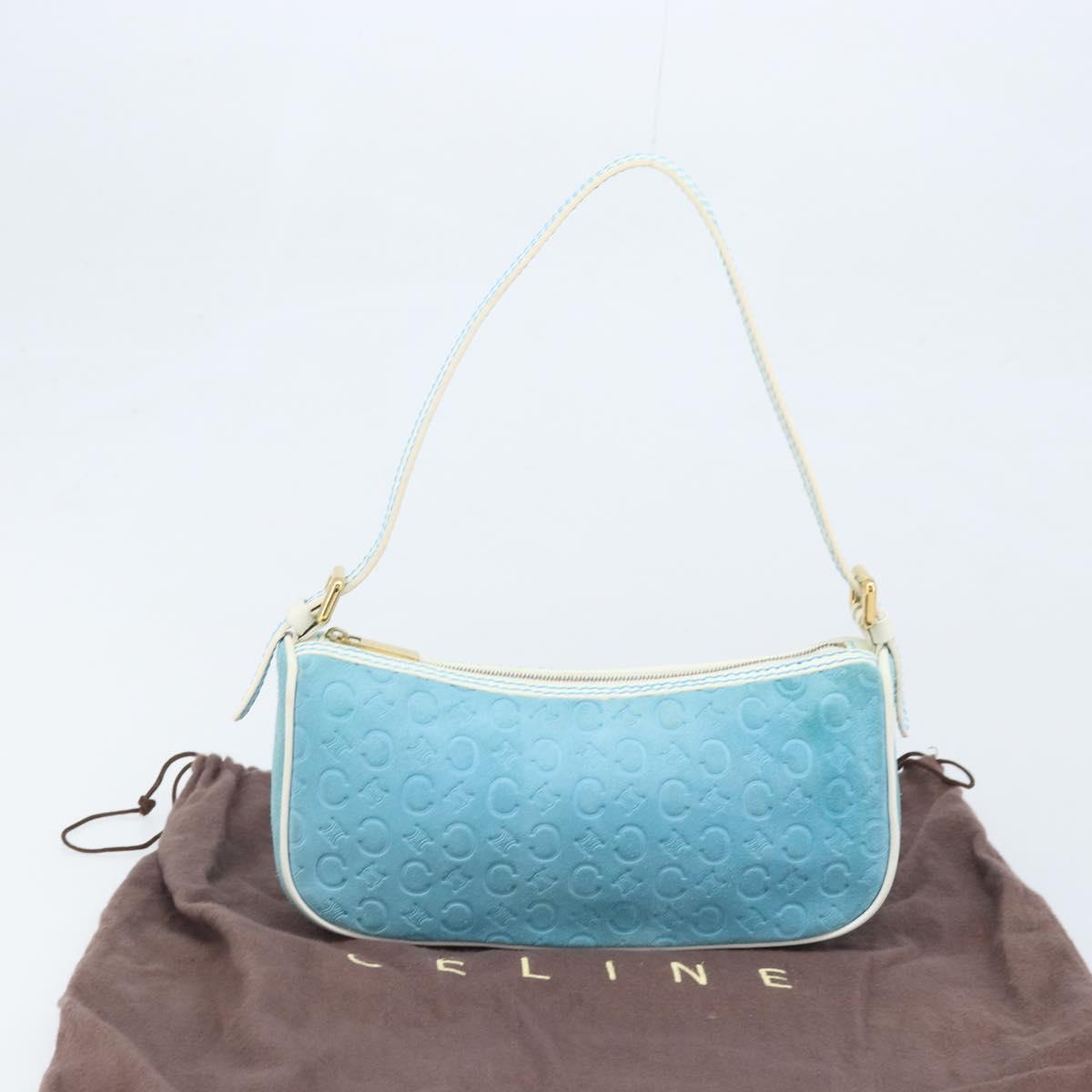CELINE C Macadam Canvas Accessory Pouch Suede Light Blue Gold Auth LNZ731A