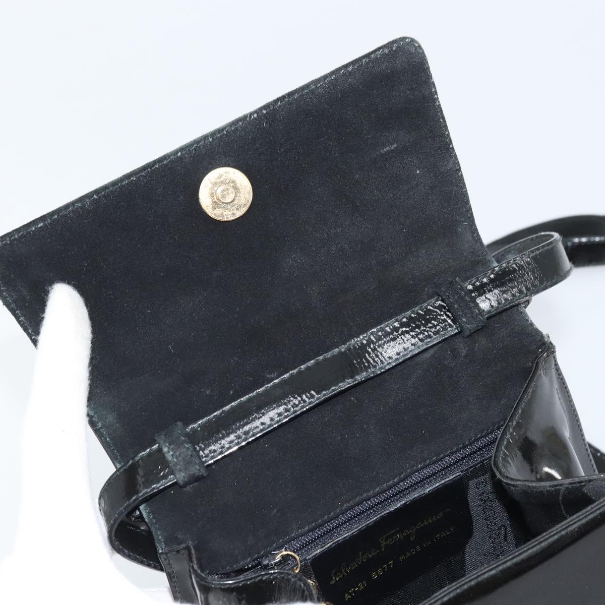 Salvatore Ferragamo Vala Hand Bag Patent leather 2way Black Gold Auth LNZ738