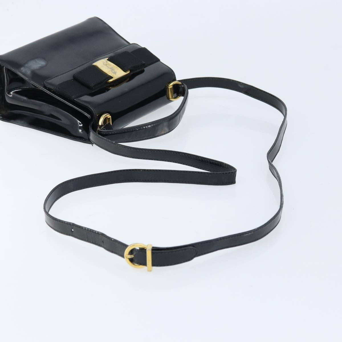 Salvatore Ferragamo Vala Hand Bag Patent leather 2way Black Gold Auth LNZ738