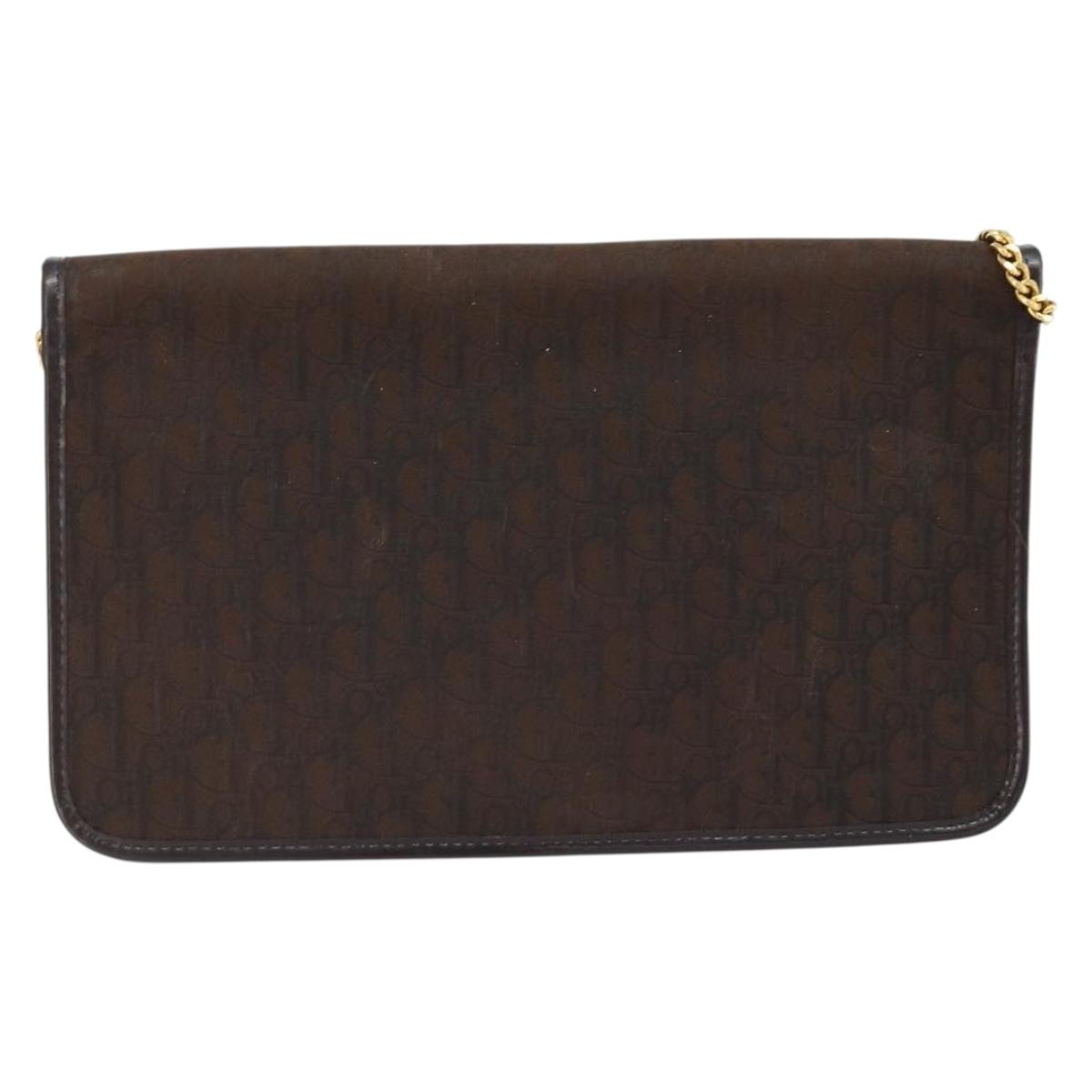 Christian Dior Trotter Canvas Chain Shoulder Bag Brown Gold Auth LNZ741