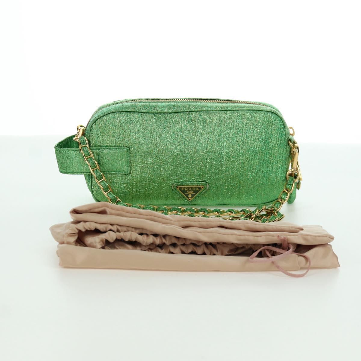 PRADA Chain Shoulder Bag Canvas Green Gold Auth LNZ744V