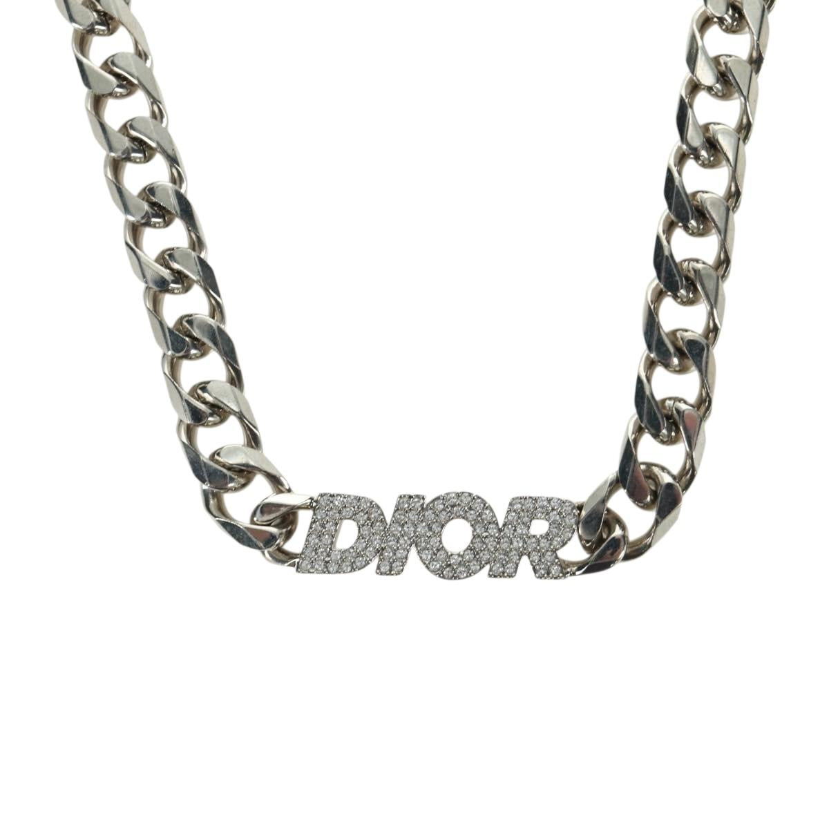 Christian Dior italic Necklace metal Silver Auth LNZ749M