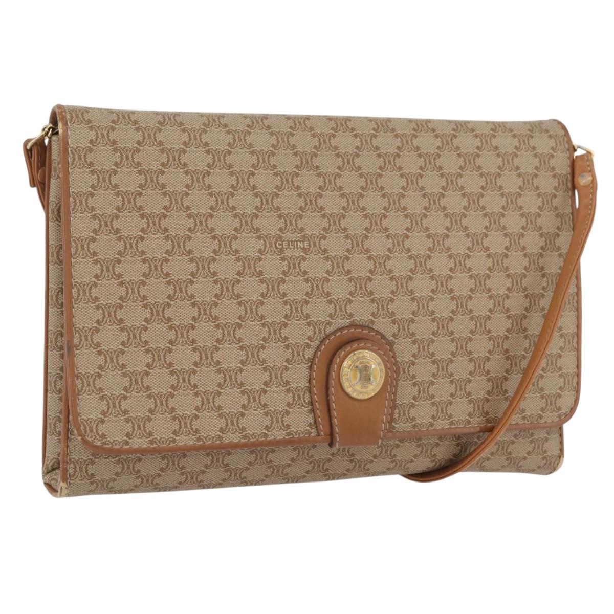 CELINE Macadam Canvas Shoulder Bag PVC Beige Gold Auth LNZ768
