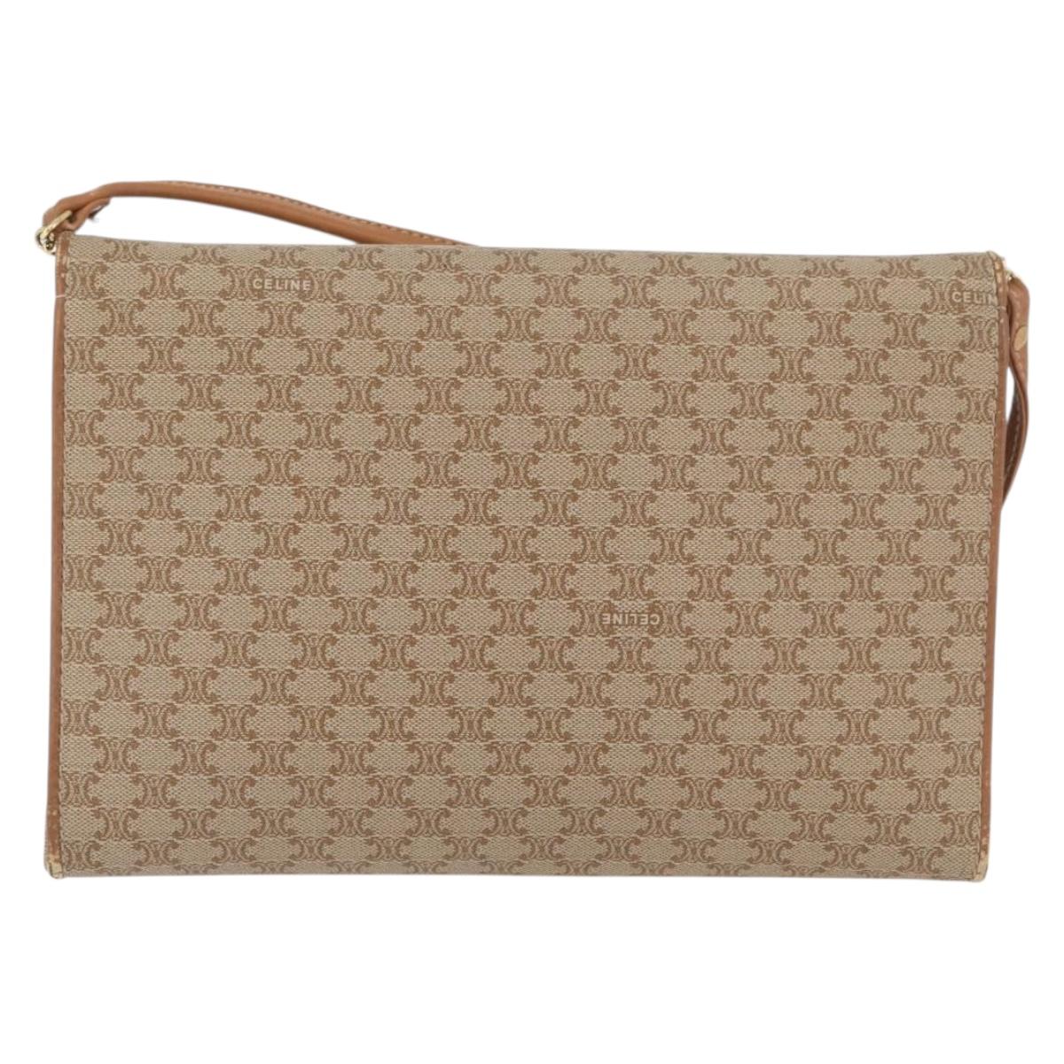 CELINE Macadam Canvas Shoulder Bag PVC Beige Gold Auth LNZ768