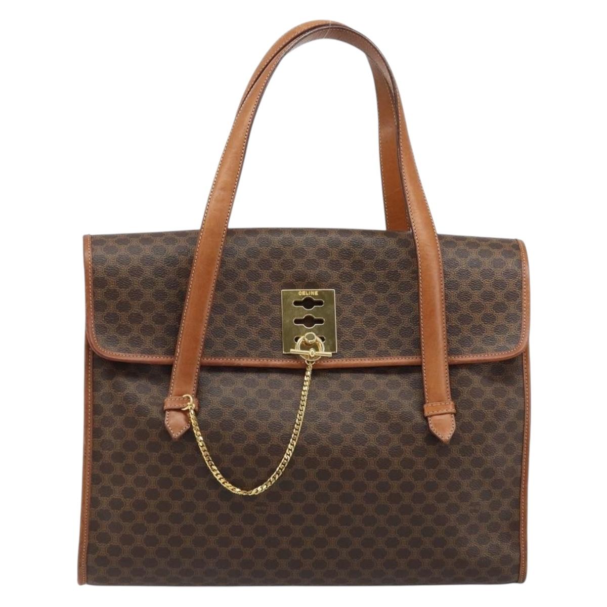 CELINE Macadam Canvas Tote Bag PVC Leather Brown Gold Auth LNZ801