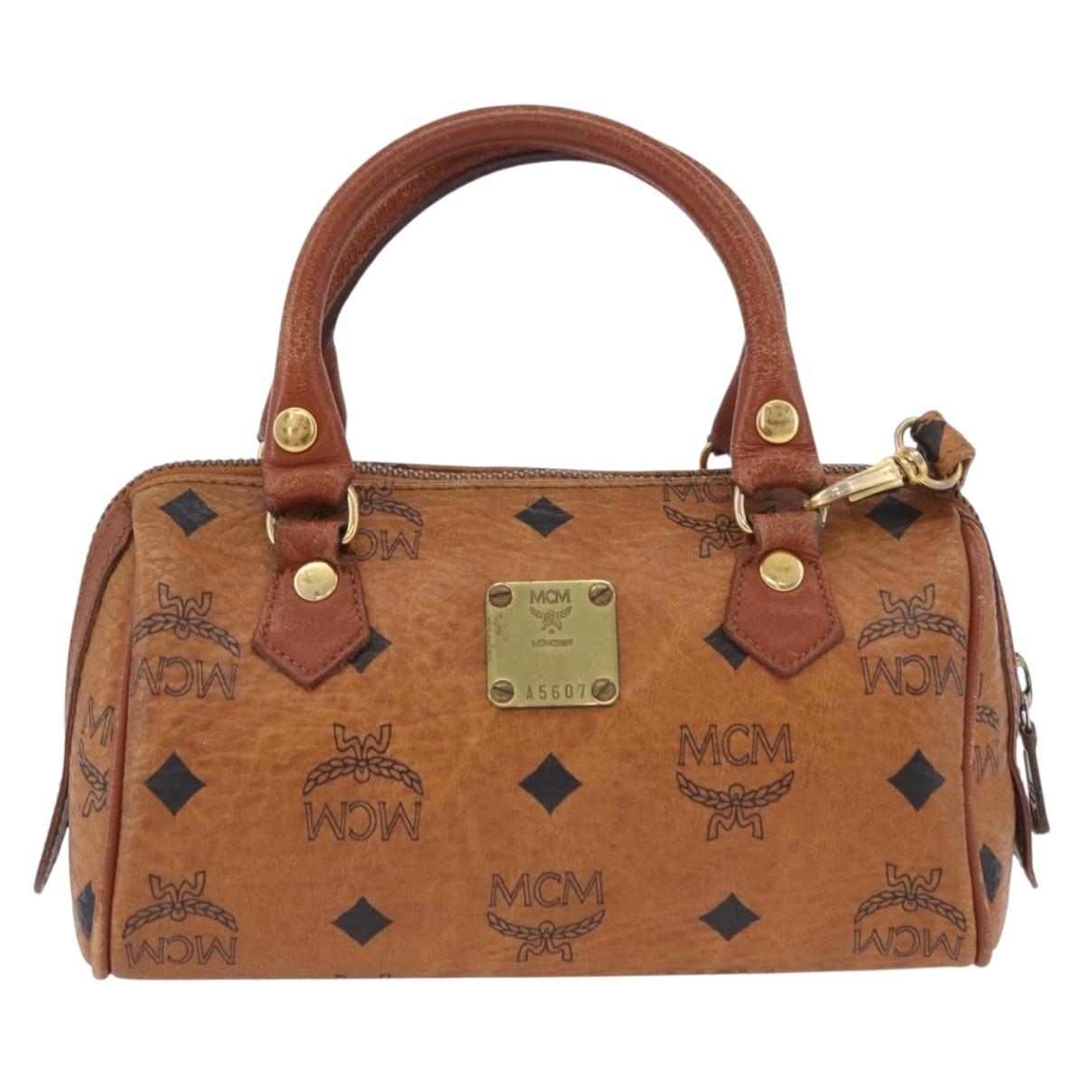 MCM Vicetos Mini Logogram Boston Bag PVC Leather 2way Brown Gold Auth LNZ803