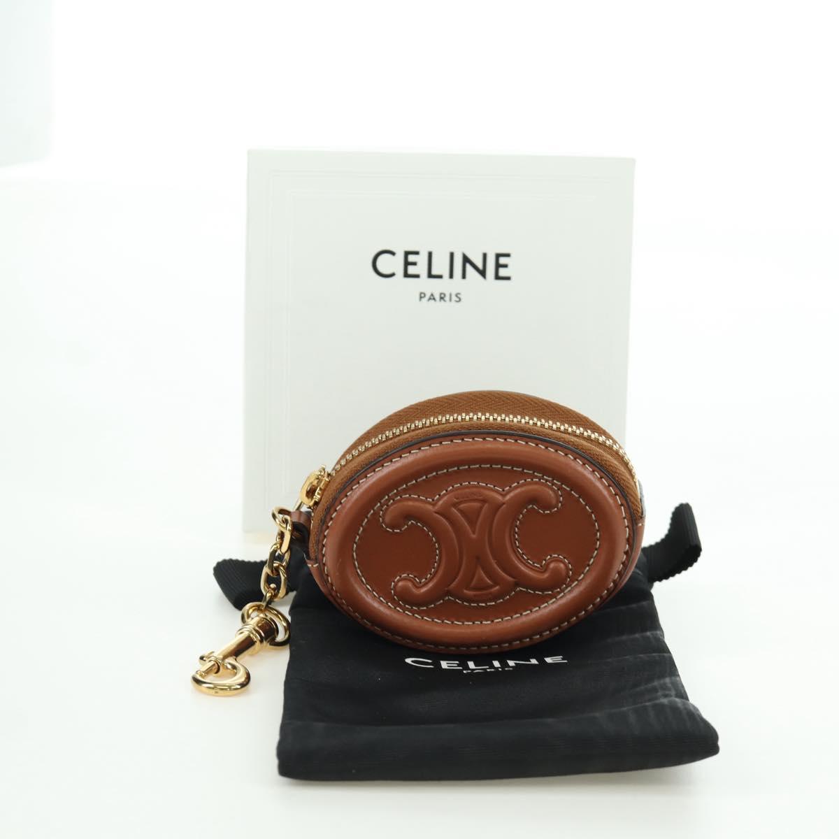CELINE Triomphe Coin Purse Leather Brown Gold Auth LNZ851M