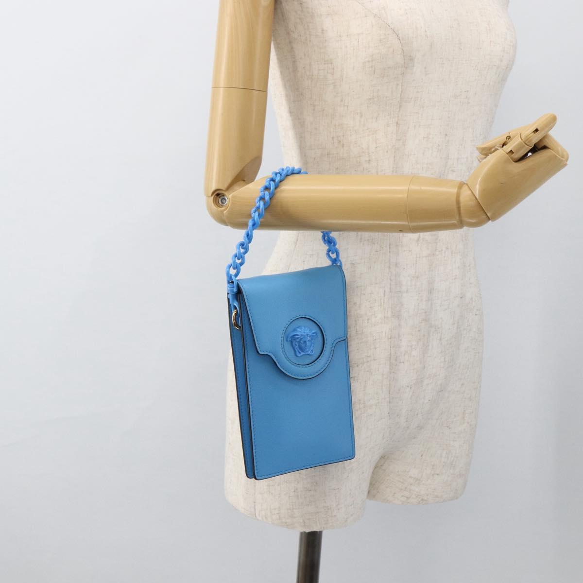 VERSACE Chain Hand Pouch Hand Bag Leather Blue Gold Auth LNZ853A