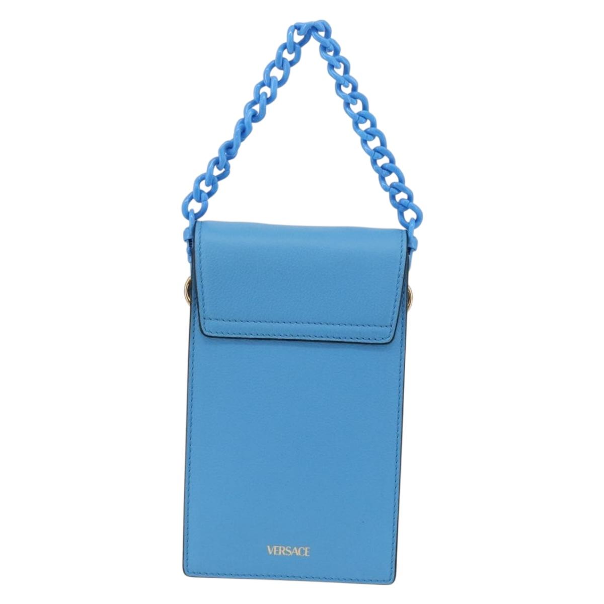 VERSACE Chain Hand Pouch Hand Bag Leather Blue Gold Auth LNZ853A