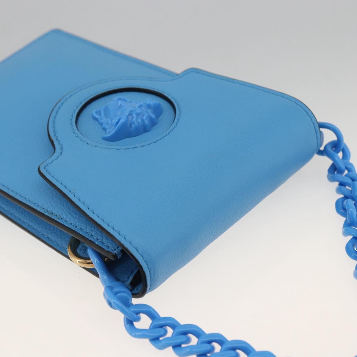 VERSACE Chain Hand Pouch Hand Bag Leather Blue Gold Auth LNZ853A