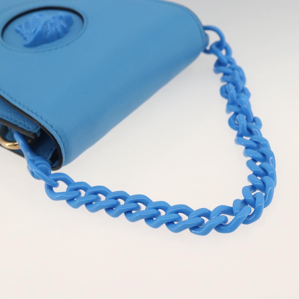 VERSACE Chain Hand Pouch Hand Bag Leather Blue Gold Auth LNZ853A