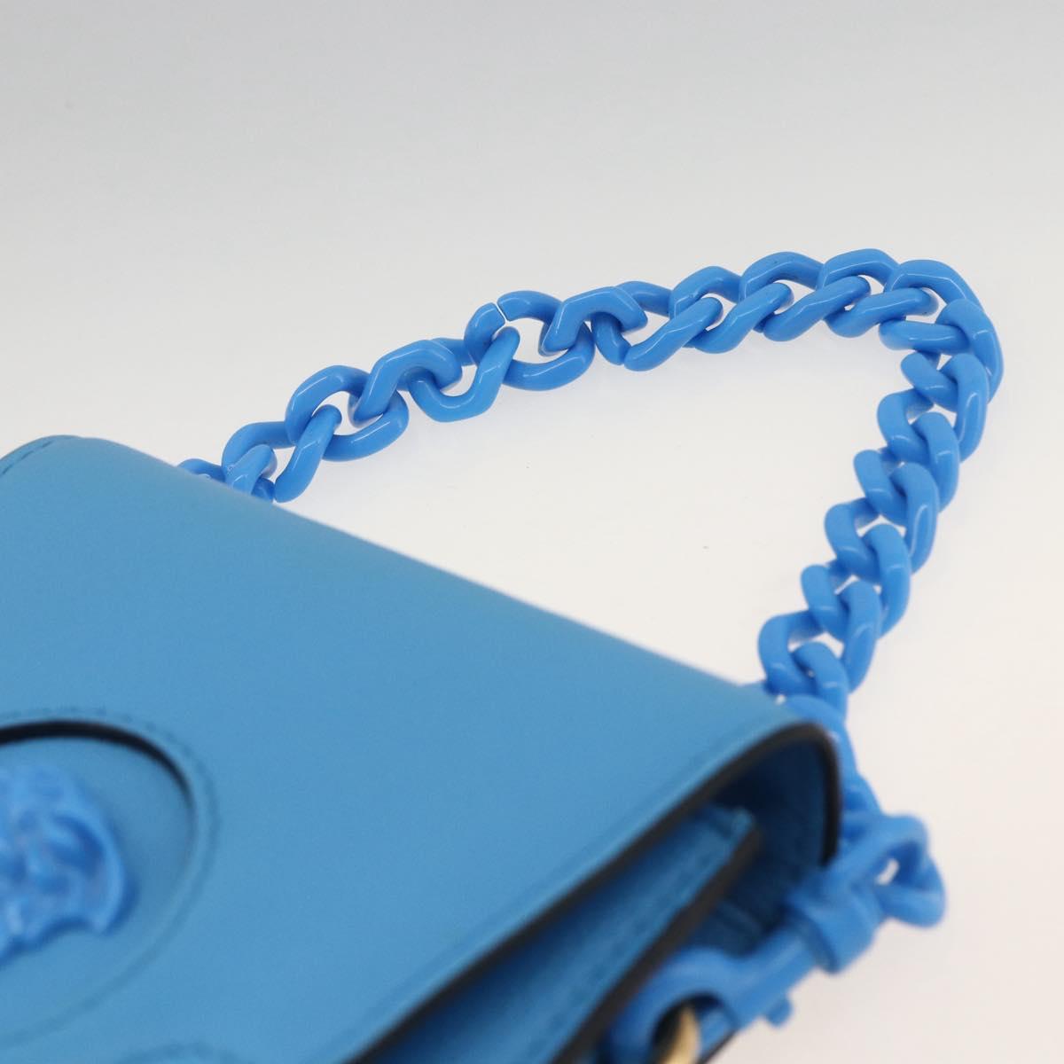 VERSACE Chain Hand Pouch Hand Bag Leather Blue Gold Auth LNZ853A