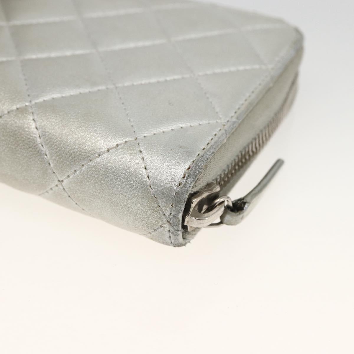 CHANEL Matelasse Long Wallet Lamb Skin Silver CC Auth LNZ865A