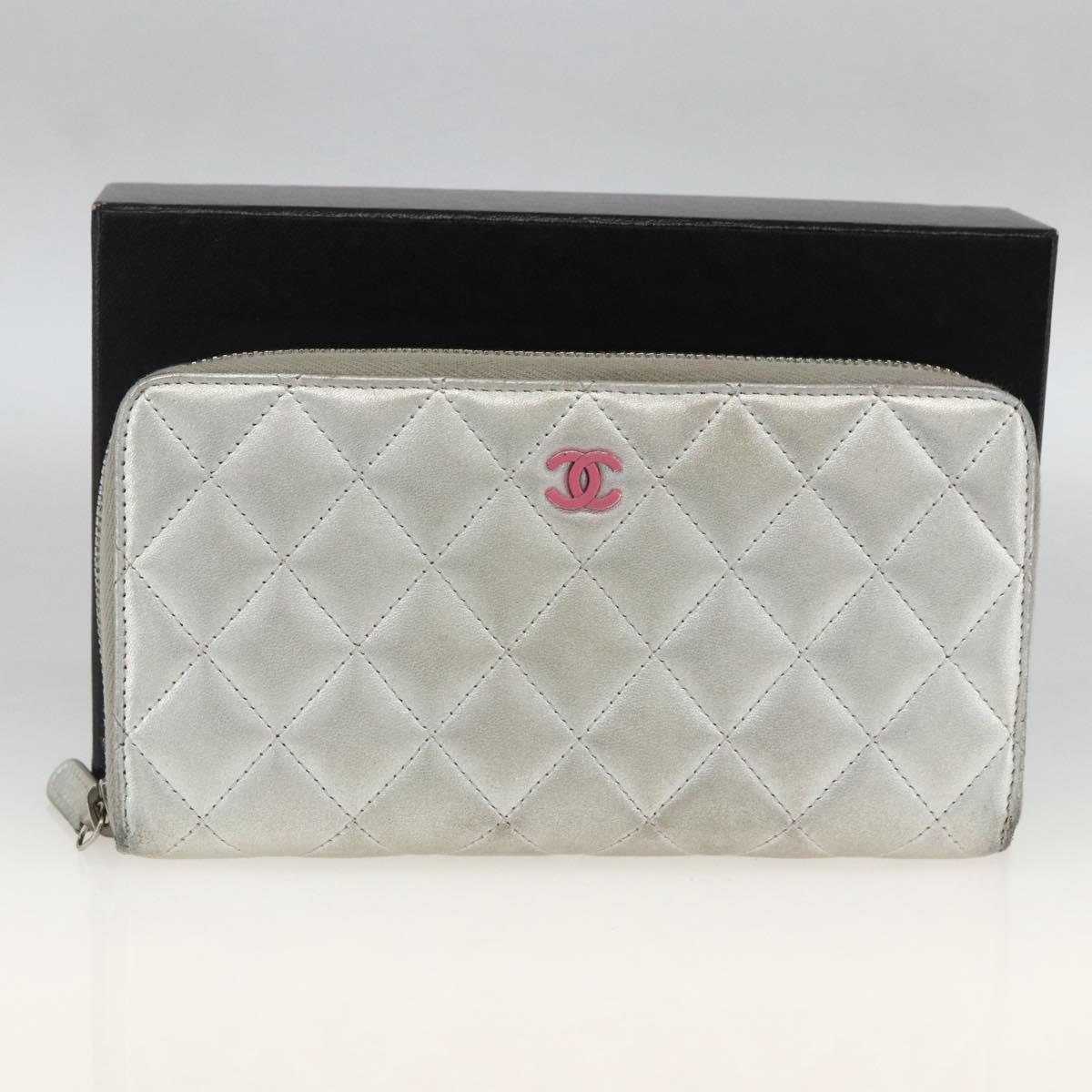CHANEL Matelasse Long Wallet Lamb Skin Silver CC Auth LNZ865A