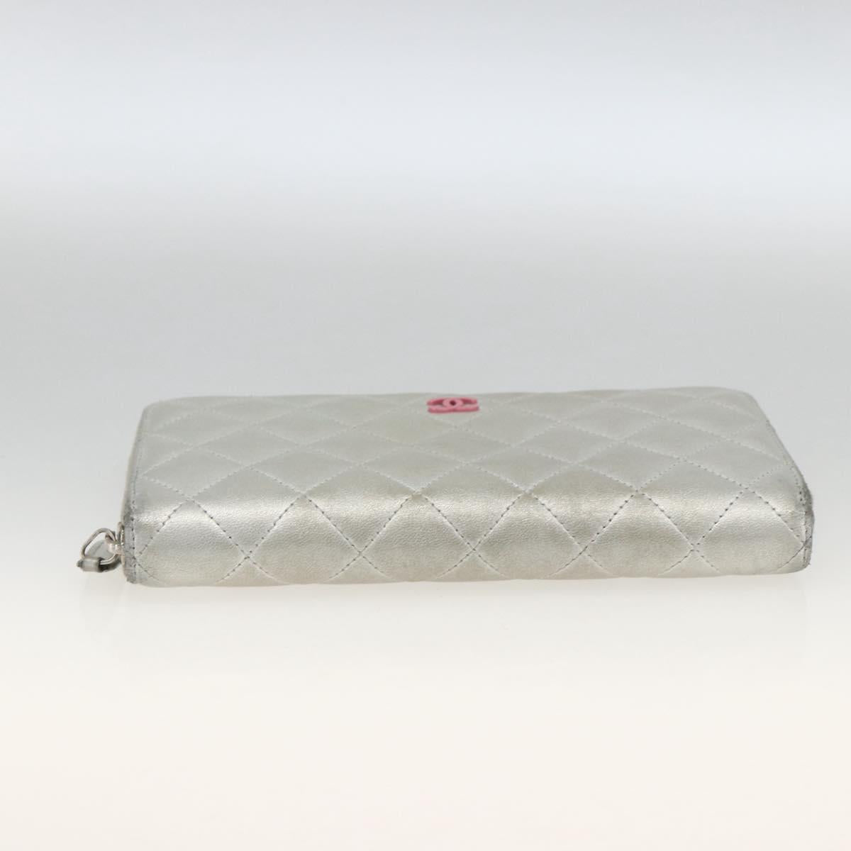 CHANEL Matelasse Long Wallet Lamb Skin Silver CC Auth LNZ865A