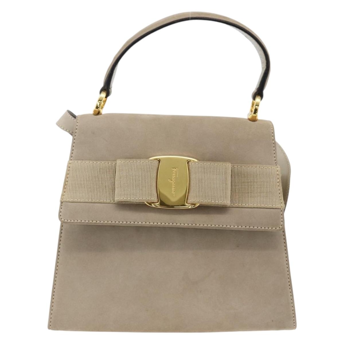 Salvatore Ferragamo Vala Hand Bag Suede 2way Beige Gold Auth LNZ972