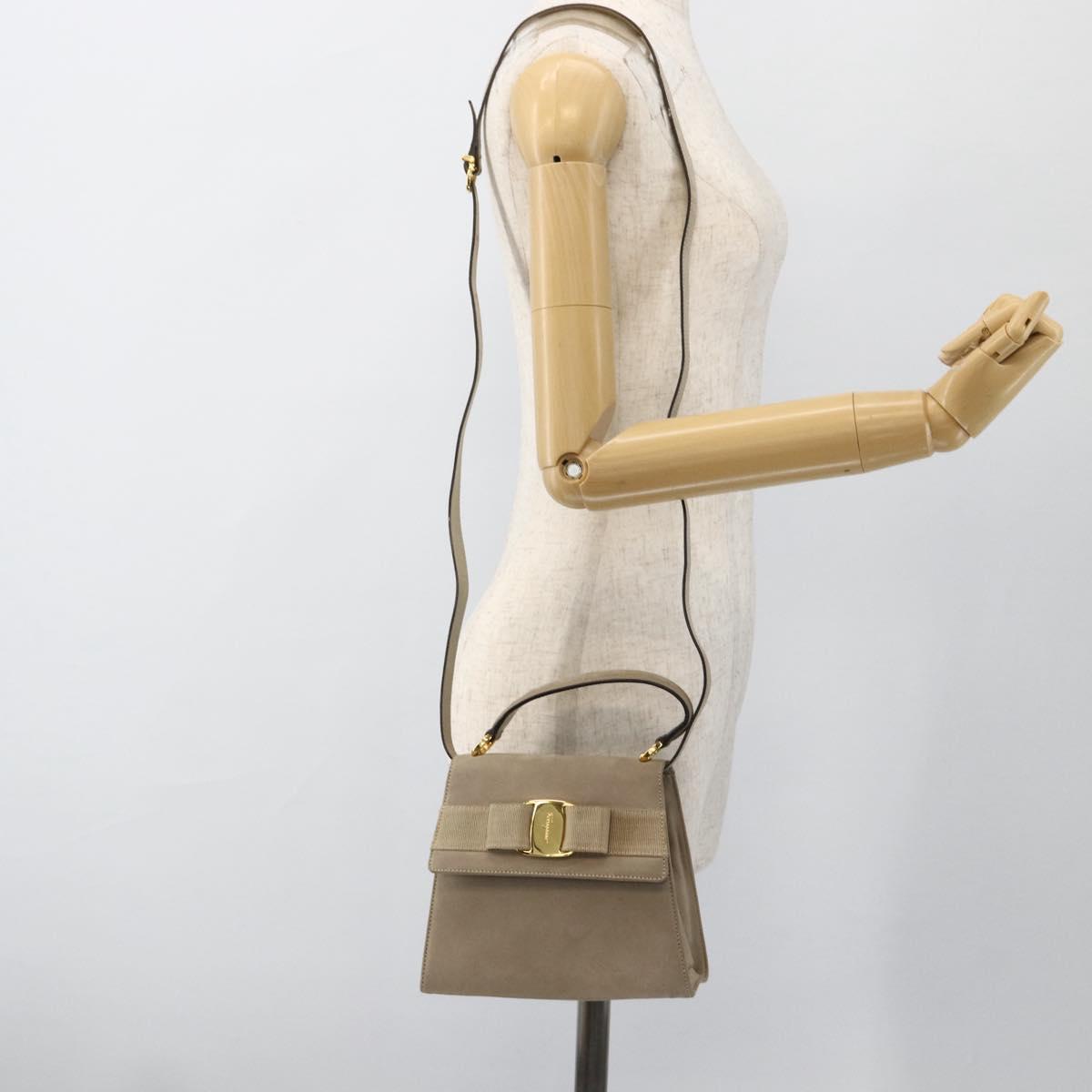 Salvatore Ferragamo Vala Hand Bag Suede 2way Beige Gold Auth LNZ972
