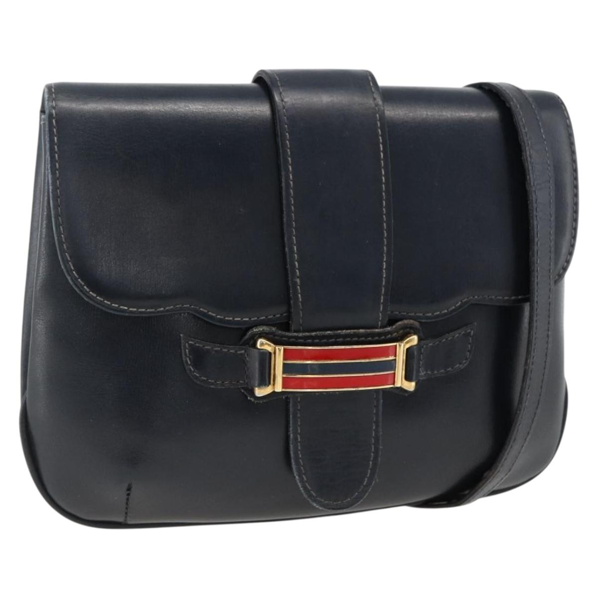 GUCCI Shoulder Bag Leather Navy Gold Auth LNZ977