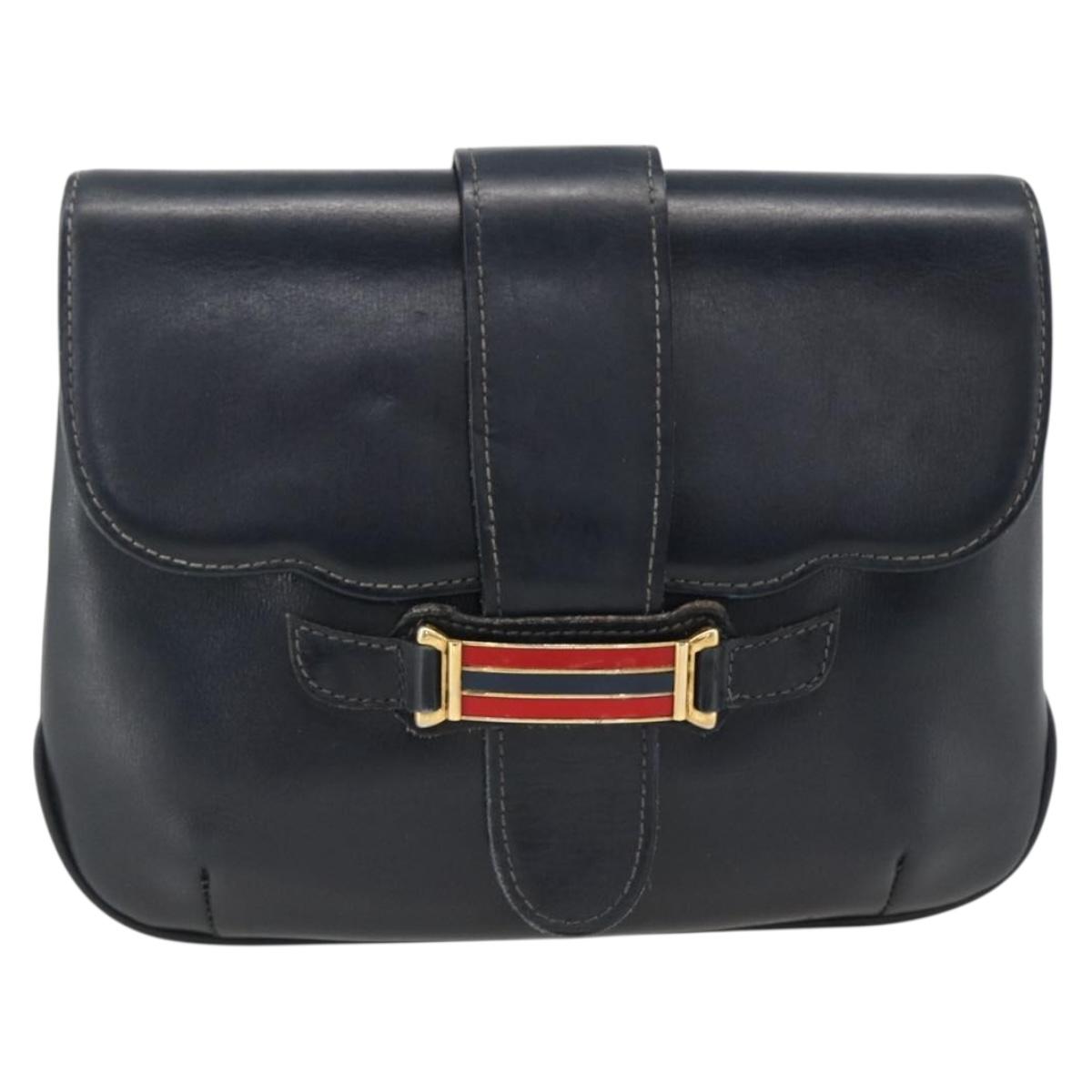 GUCCI Shoulder Bag Leather Navy Gold Auth LNZ977