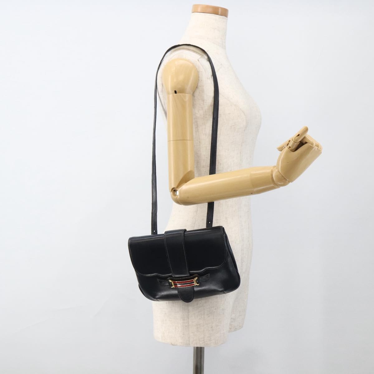 GUCCI Shoulder Bag Leather Navy Gold Auth LNZ977