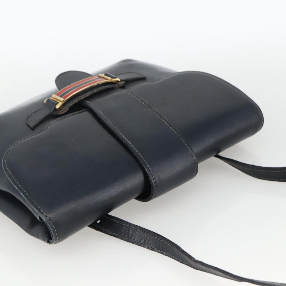 GUCCI Shoulder Bag Leather Navy Gold Auth LNZ977