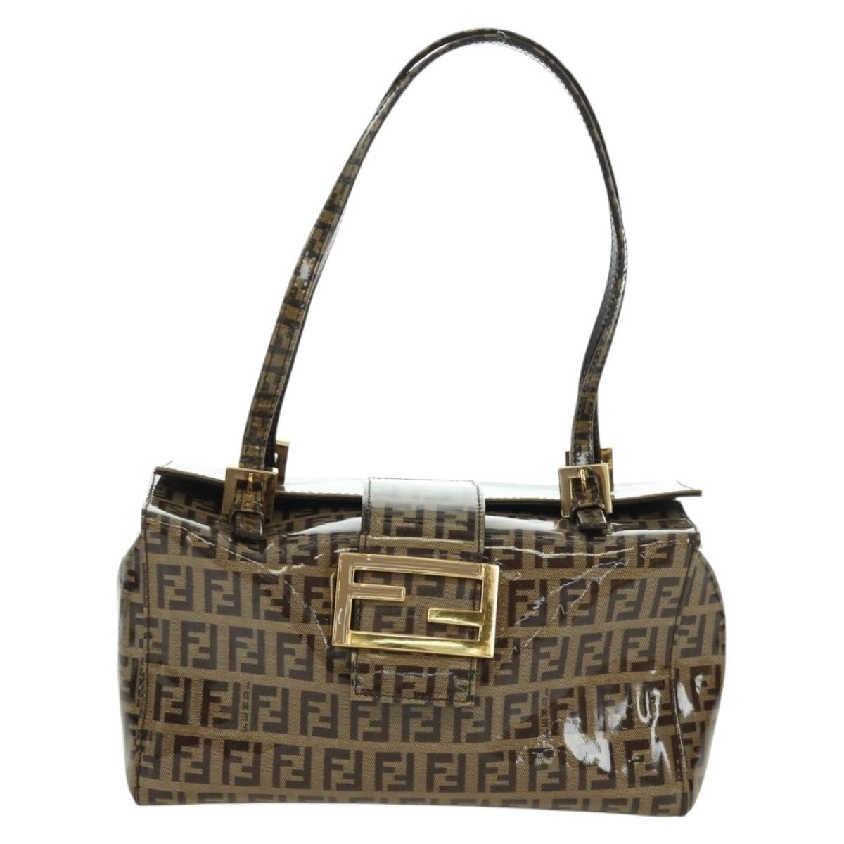 FENDI Zucchino Canvas Mamma Baguette Shoulder Bag Brown Gold Auth LNZ993A
