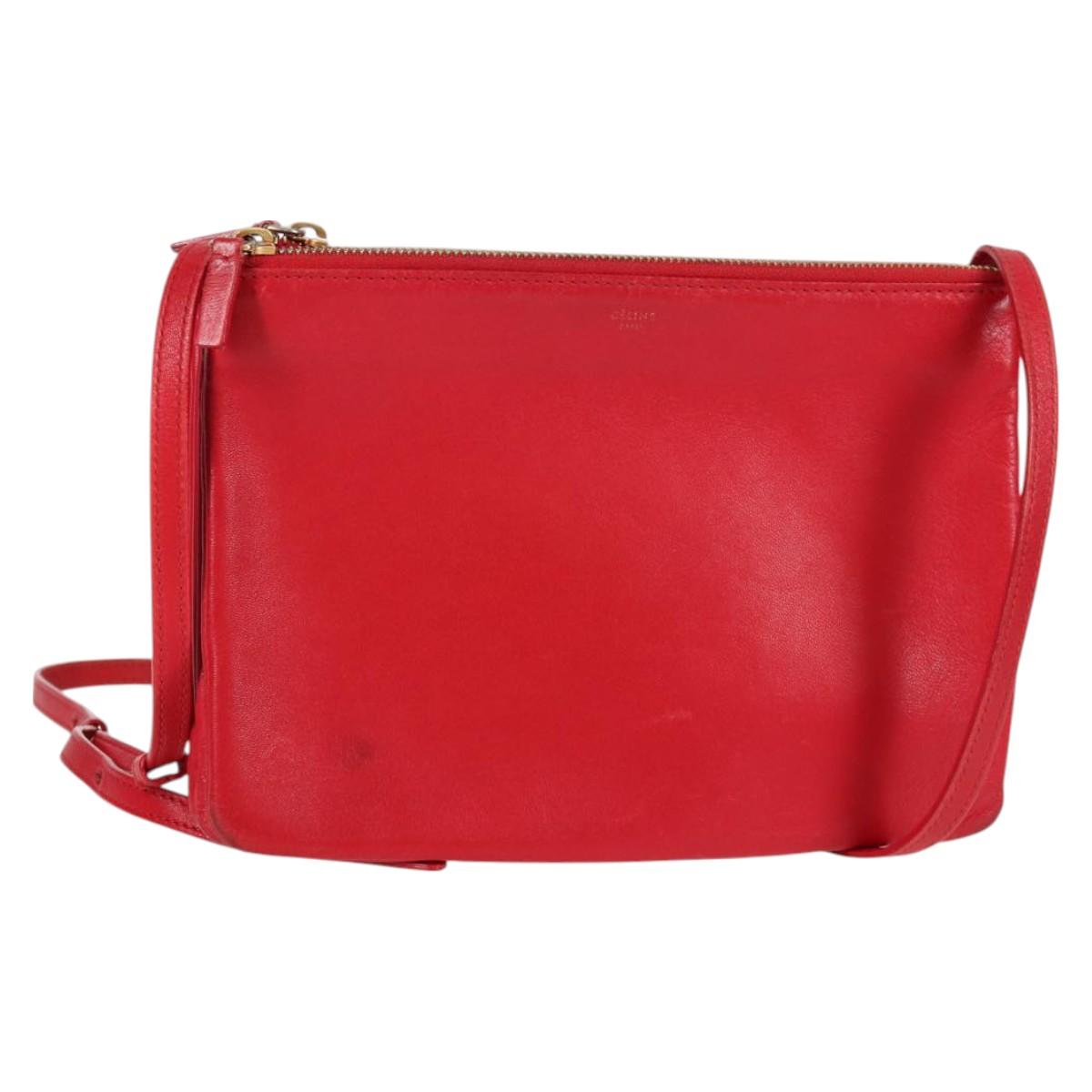 CELINE Trio Shoulder Bag Leather Red Gold Auth mr1004