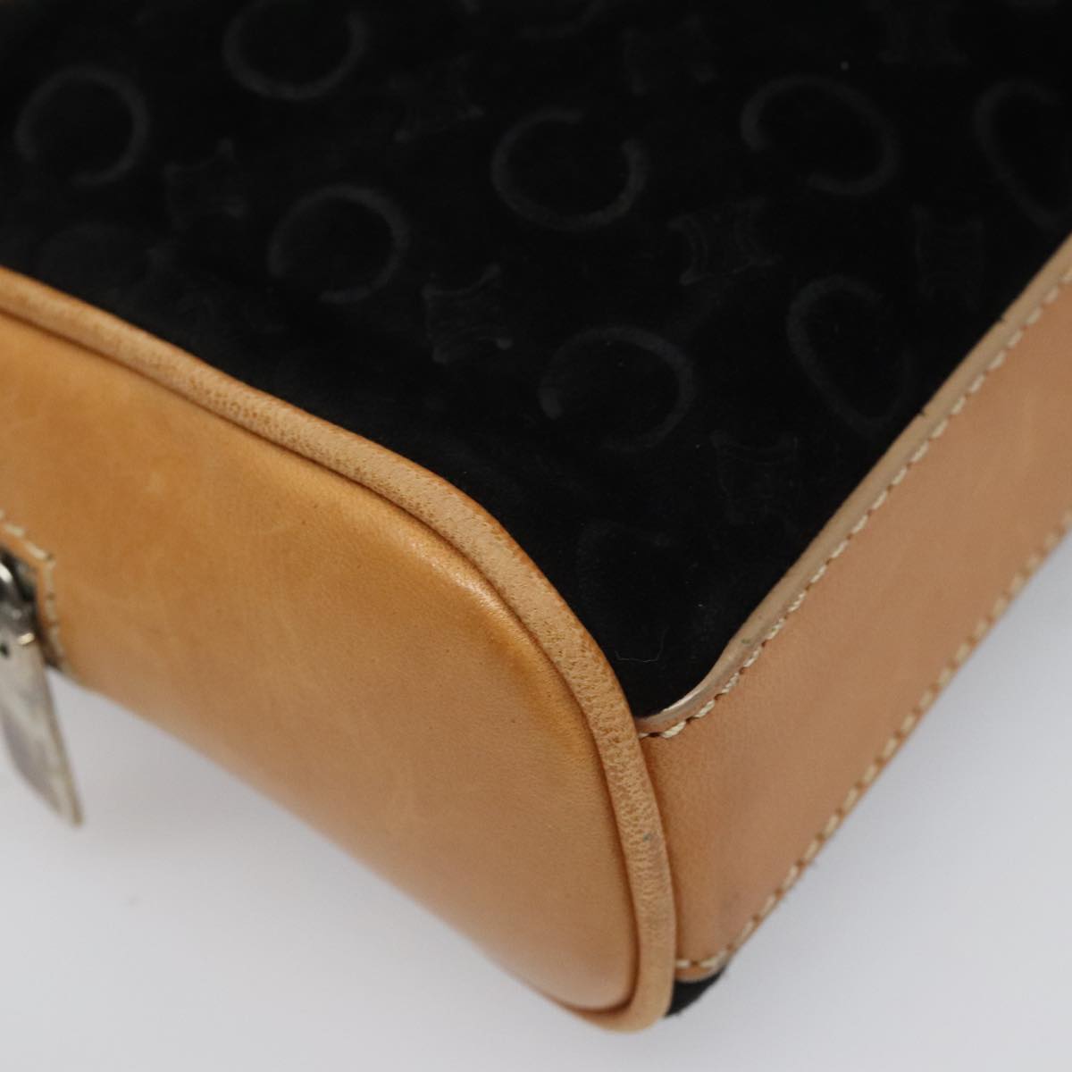 CELINE C Macadam Canvas Hand Bag Suede Leather Black Brown Silver Auth mr1016