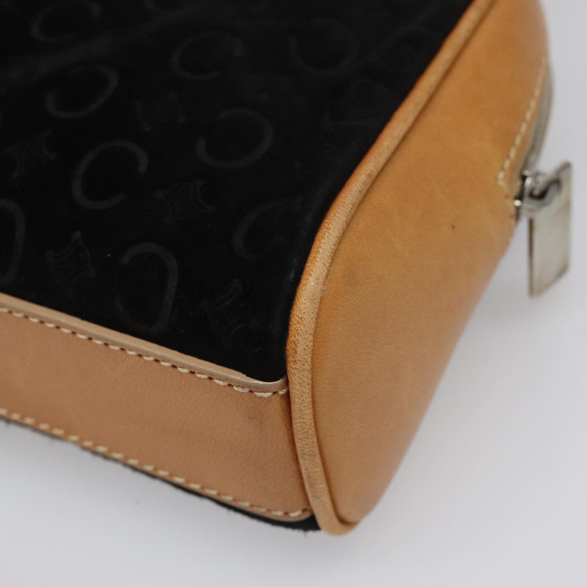 CELINE C Macadam Canvas Hand Bag Suede Leather Black Brown Silver Auth mr1016