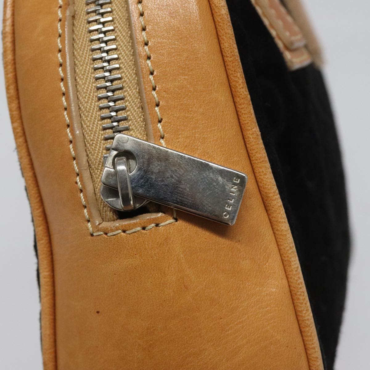 CELINE C Macadam Canvas Hand Bag Suede Leather Black Brown Silver Auth mr1016