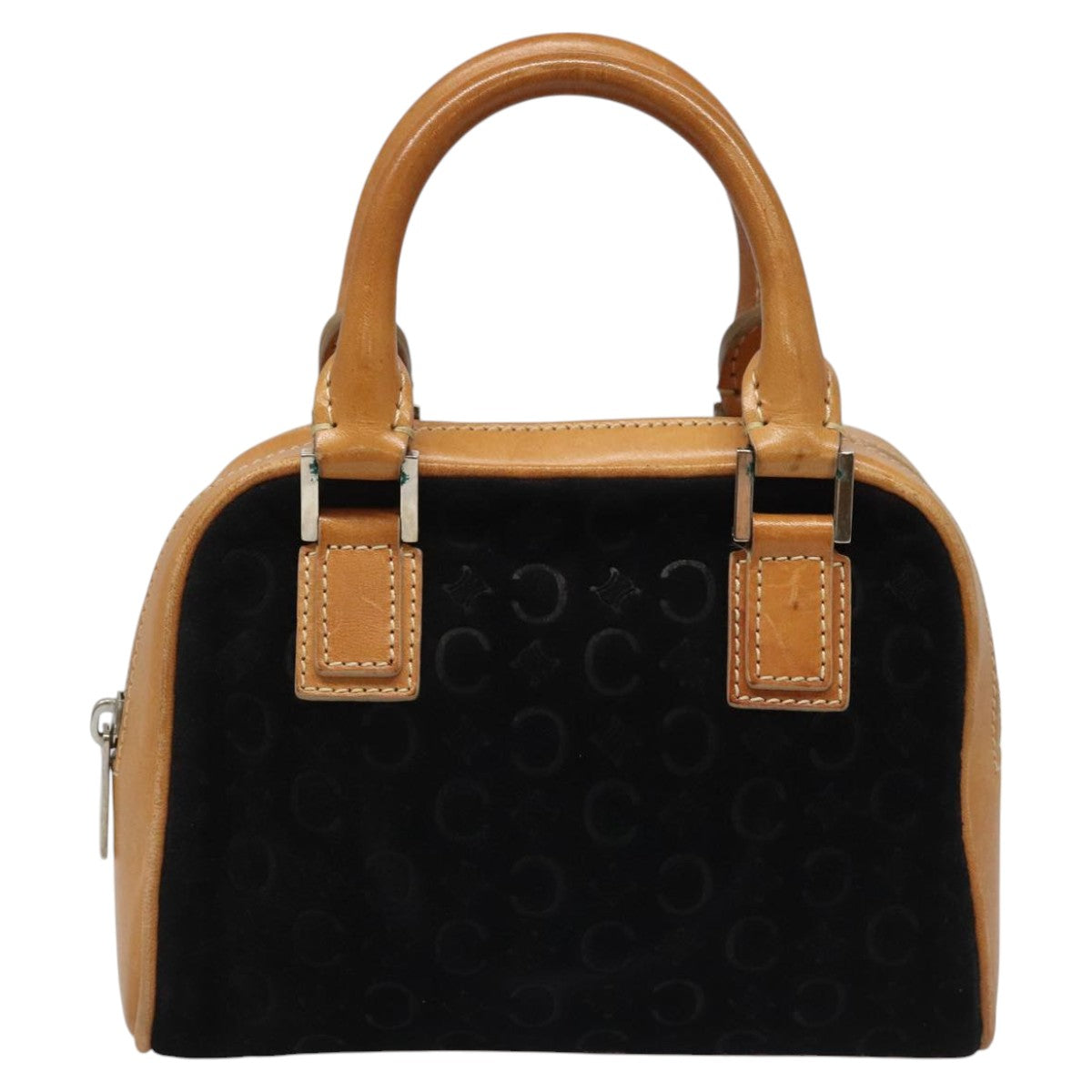 CELINE C Macadam Canvas Hand Bag Suede Leather Black Brown Silver Auth mr1016