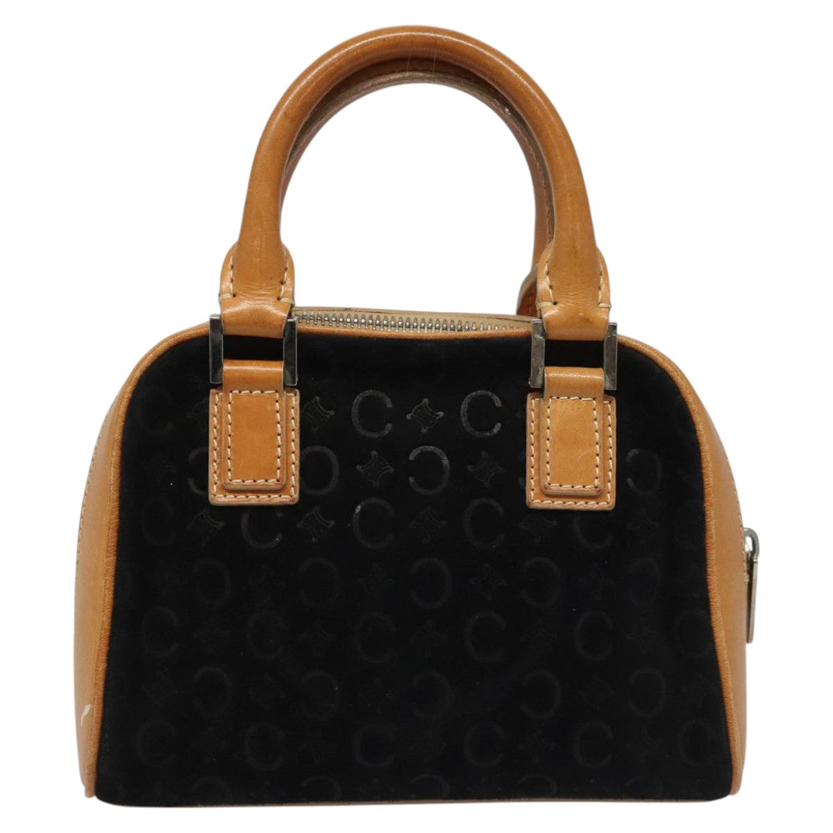 CELINE C Macadam Canvas Hand Bag Suede Leather Black Brown Silver Auth mr1016