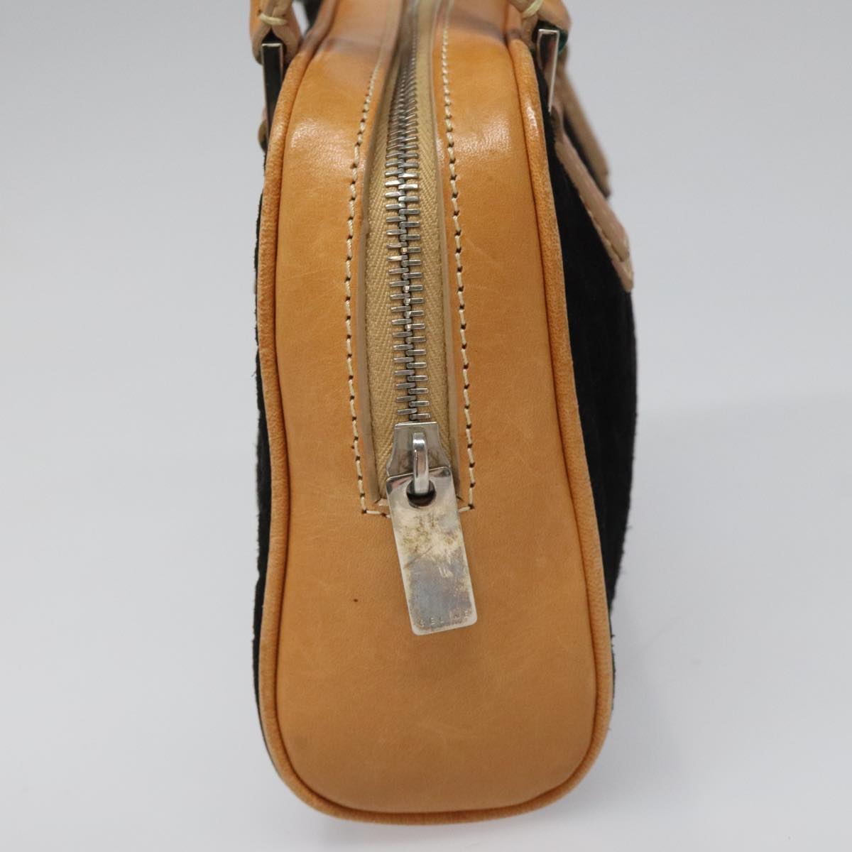 CELINE C Macadam Canvas Hand Bag Suede Leather Black Brown Silver Auth mr1016