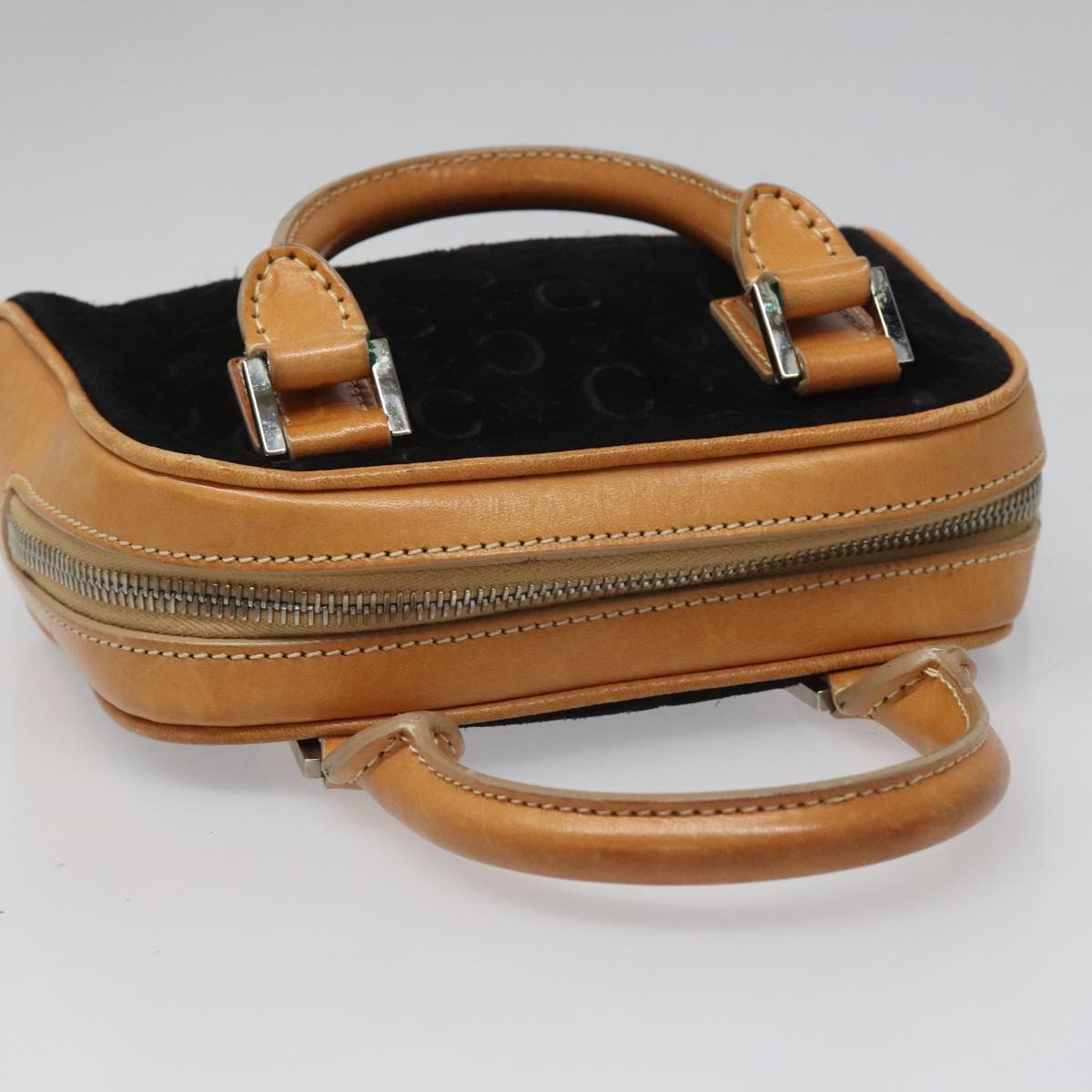 CELINE C Macadam Canvas Hand Bag Suede Leather Black Brown Silver Auth mr1016