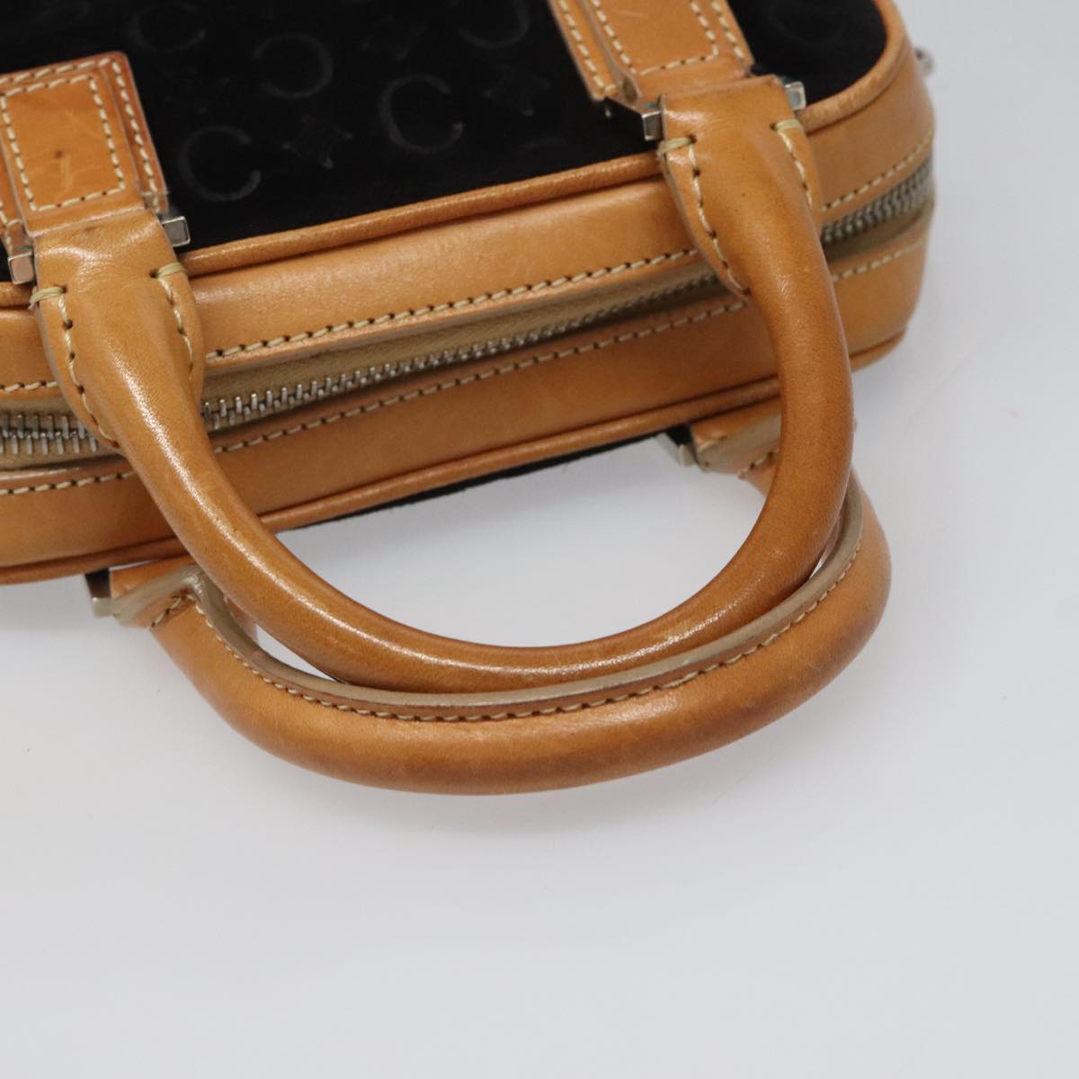 CELINE C Macadam Canvas Hand Bag Suede Leather Black Brown Silver Auth mr1016