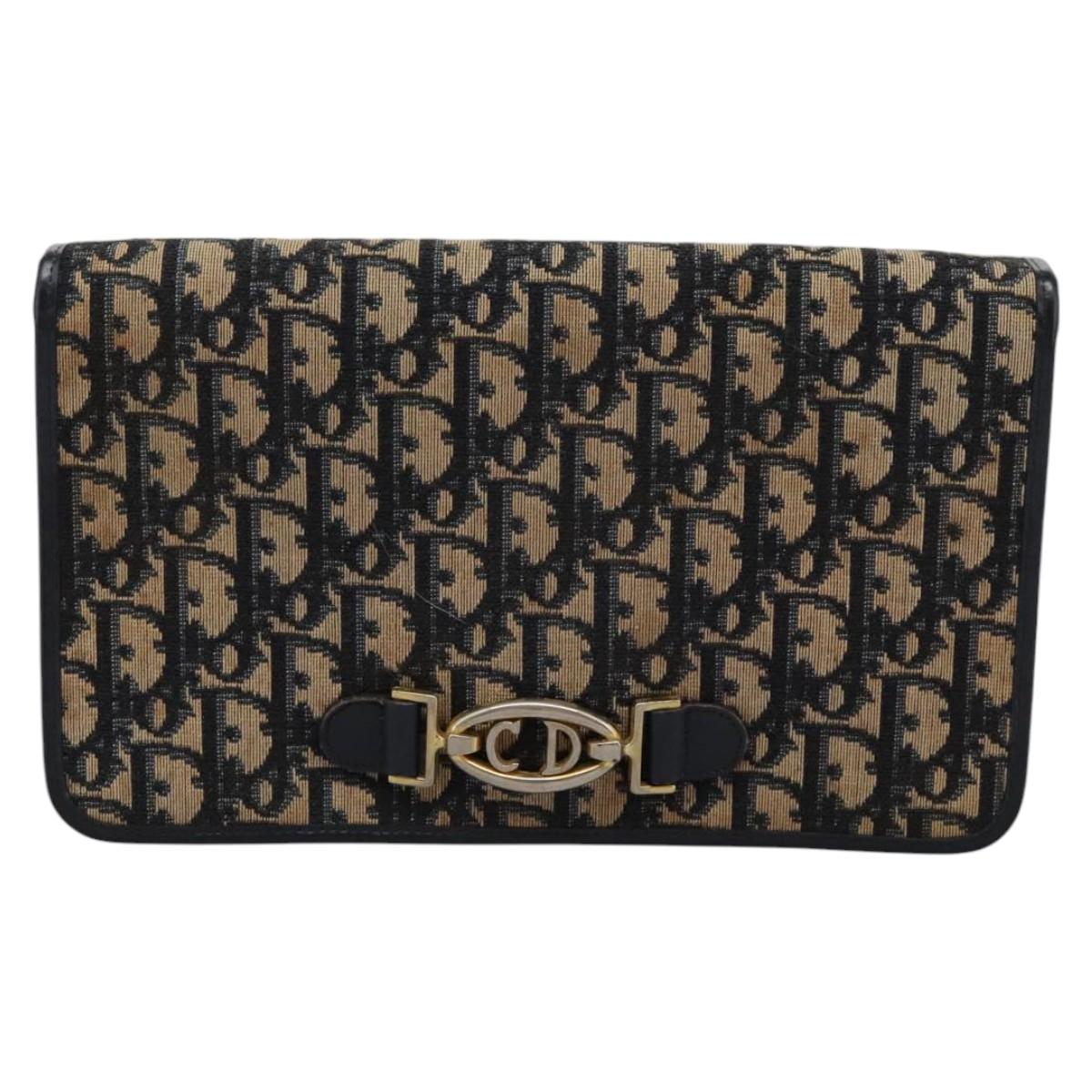 Christian Dior Trotter Canvas Chain Shoulder Bag Navy Gold Auth mr1030